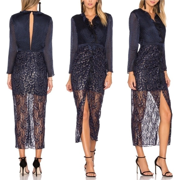 SALONI x REVOLVE Yana Navy Ruffle Lace Midi Dress - Picture 1 of 11